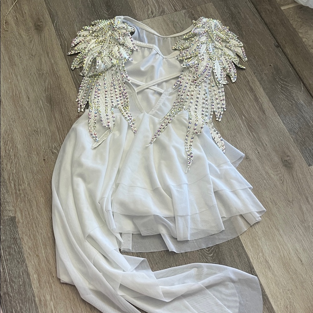 Reverence angel wing costume White Chiffon with Rhinestone Shoulder Appliqués